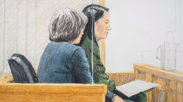 Croquis de deux femmes assises côte à côte dans une salle d’audiences du palais de justice de Vancouver