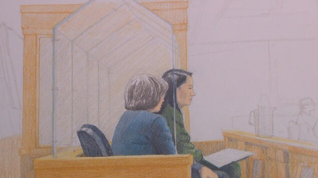 Un dessin de cour qui montre Meng Wanzhou de profil.