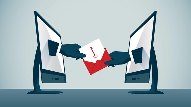 Un dessin montrant deux écrans d'ordinateurs face à face. Une main sort de chaque écran. Les deux mains tiennent la même enveloppe rouge, au centre. L'enveloppe est ouverte et laisse entrevoir une feuille de papier sur laquelle est imprimée une clef rouge.