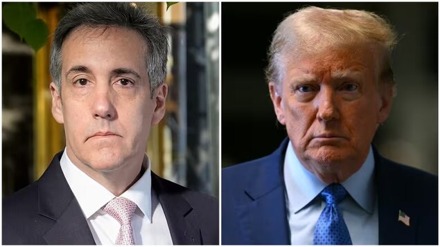 Michael Cohen, left, the former lawyer for Donald Trump, is shown in this composite photo with the former U.S. president. Cohen testified at Trump's criminal trial in New York on Monday and will be returning to the stand on Tuesday. 