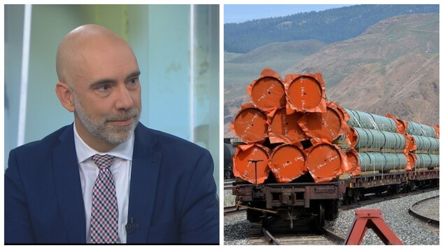 À gauche, le directeur parlementaire du budget Yves Giroux et des conduites en aciers du projet du pipeline Trans Mountain (à droite)