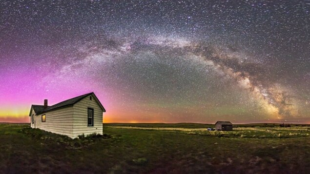 A 360-degree panorama of the night sky and prairie landscape from the Visitor Centre and farmyard at the Old Man on His Back Prairie & Heritage Conservation Area in southwest Saskatchewan.