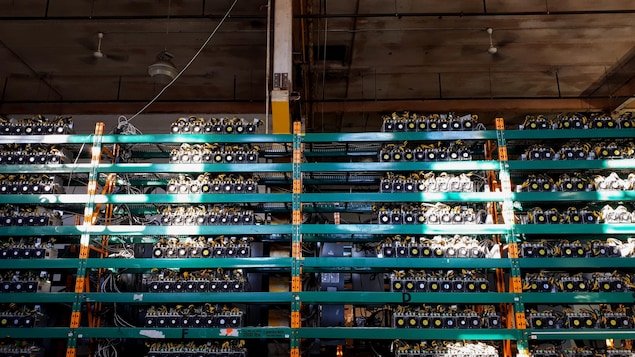On voit des rangées de serveurs sur des étagères dans un bâtiment industriel.