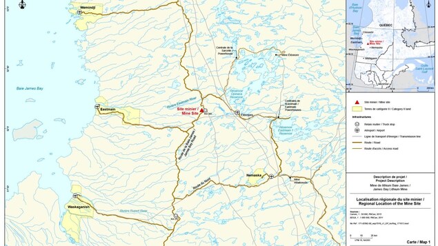 Carte représentant l'emplacement du projet de Galaxy Lithium pour une mine située à 100 km de la Baie-James Carte représentant l'emplacement du projet de Galaxy Lithium pour une mine située à 100 km de la Baie-James