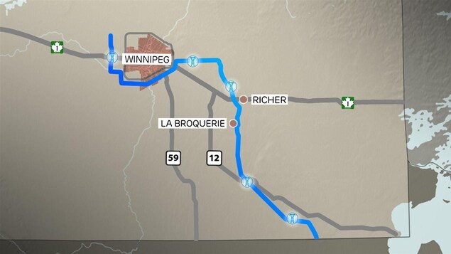 Un schéma du tracé de la ligne de transmission d'électricité entre Winnipeg et le Minnesota qui passe par les communautés de La Broquerie et Richer. Un schéma du tracé de la ligne de transmission d'électricité entre Winnipeg et le Minnesota qui passe par les communautés de La Broquerie et Richer.