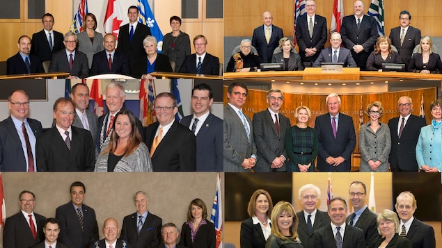 Six photos de conseils municipaux où tous les membres sont blancs. Six photos de conseils municipaux où tous les membres sont blancs.