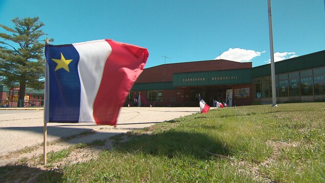 Des drapeaux acadiennes flottent devant le Carrefour Beausoleil