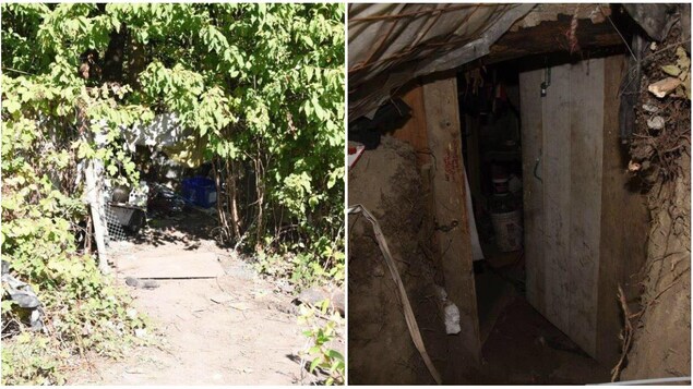 Un collage de photos : à gauche une entrée cachée par les buissons et à droite une porte souterraine creusée dans l'argile Un collage de photos : à gauche une entrée cachée par les buissons et à droite une porte souterraine creusée dans l'argile