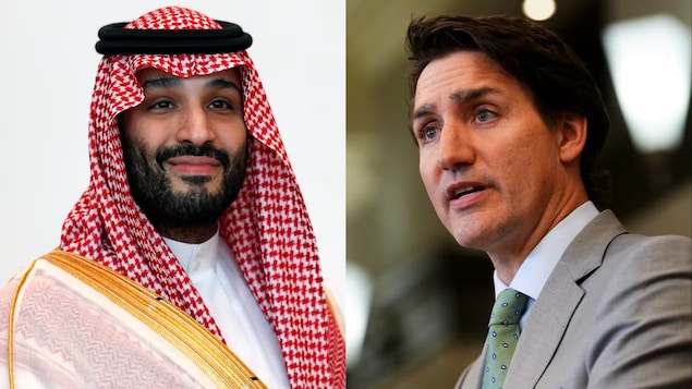 Pinagtabi na litrato nina Justin Trudeau at Mohammed bin Salman.