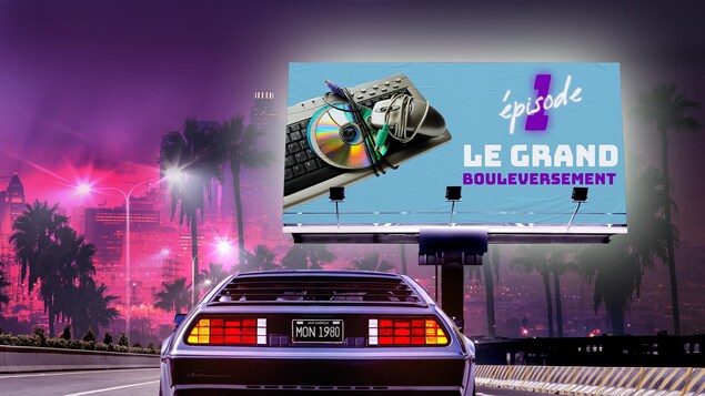 Affiche de l'épisode 1 de la série audio Mon Amérique les années 80 représentant une voiture devant un panneau réclame avec le titre Le grand bouleversement.