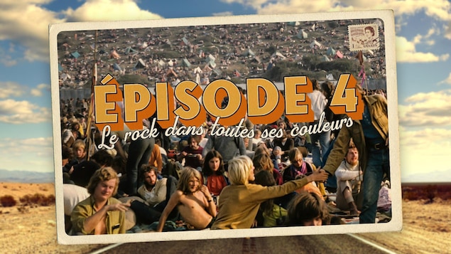 Carte postale illustrant l'épisode 4 de la série audio Mon Amérique avec une foule dans les années 70.
