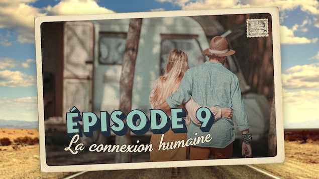 Carte postale illustrant l'épisode 9 de la série audio Mon Amérique. Un couple se tient par la taille.
