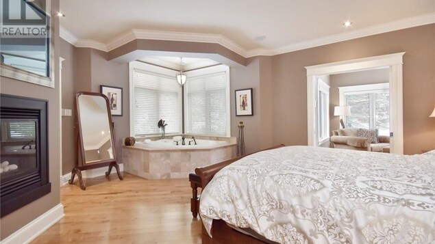Une chambre à coucher avec un bain tourbillon.