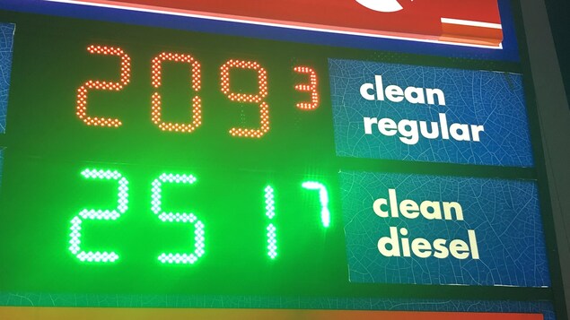 L'affiche indique 2,09 $ pour le litre d'essence ordinaire et 2,51 $ pour le litre de diesel.