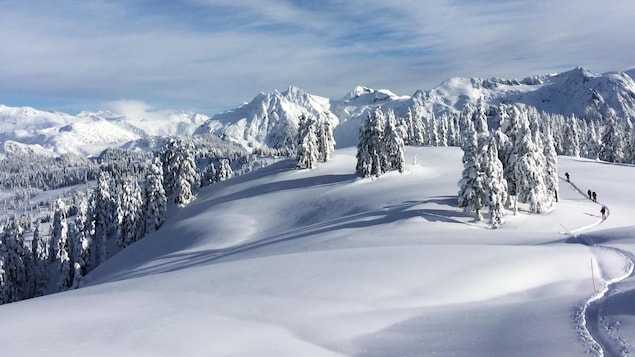 Des randonneurs entourés de neige et de montagnes à perte de vue empruntent le sentier Elfin Lakes du parc provincial Garibaldi, en Colombie-Britannique.