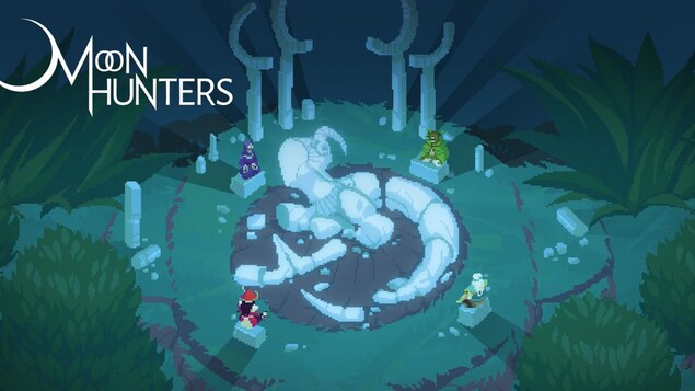 Des personnages de jeux vidéo assis en cercle autour de sculptures dans une forêt. 