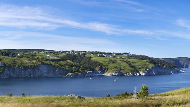 Perspective pittoresque de la municipalité de Torbay durant une journée ensoleillée. Un agglomérat de maisons est situé au bord d'une falaise qui donne sur une baie. Perspective pittoresque de la municipalité de Torbay durant une journée ensoleillée. Un agglomérat de maisons est situé au bord d'une falaise qui donne sur une baie.