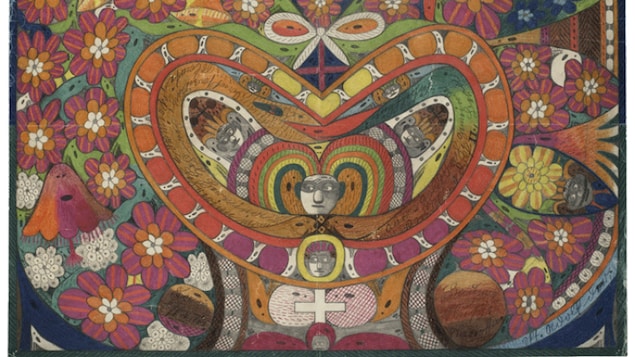 L'oeuvre « Couronne d’épines de Rosalie en forme de cœur », réalisée par l'artiste Adolf Wölfli. L'oeuvre « Couronne d’épines de Rosalie en forme de cœur », réalisée par l'artiste Adolf Wölfli.