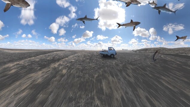 Des requins ont été superposés sur l'image d'un camion dans un champ. On a l'impression que les requins volent dans le ciel.