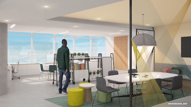 Un étudiant marche dans une grande pièce avec des bibliothèques et une table de travail. Un étudiant marche dans une grande pièce avec des bibliothèques et une table de travail.