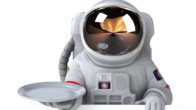 Illustration montrant un astronaute dans une combinaison qui tient une assiette dans ses mains.