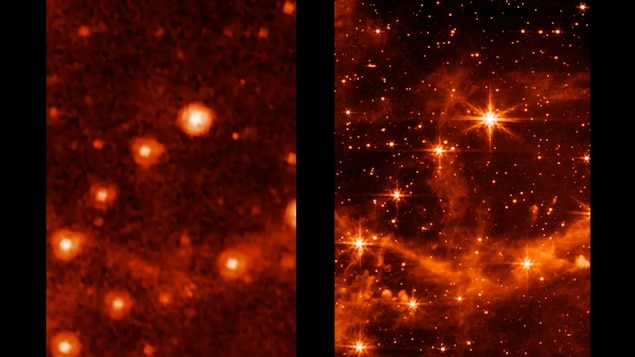 This combination of images provided by NASA on Monday shows part of the Large Magellanic Cloud, a small satellite galaxy of the Milky Way, seen by the retired Spitzer Space Telescope, left, and the new James Webb Space Telescope. The new telescope is in the home stretch of testing, with science observations expected to begin in July. (NASA/JPL-Caltech/NASA/ESA/CSA/STScI/The Associated Press)