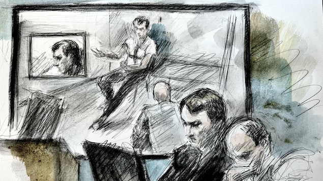 رسم قاعة المحكمة ويظهر في أعلاه المتَّهم ناثانيال فيلتمان.