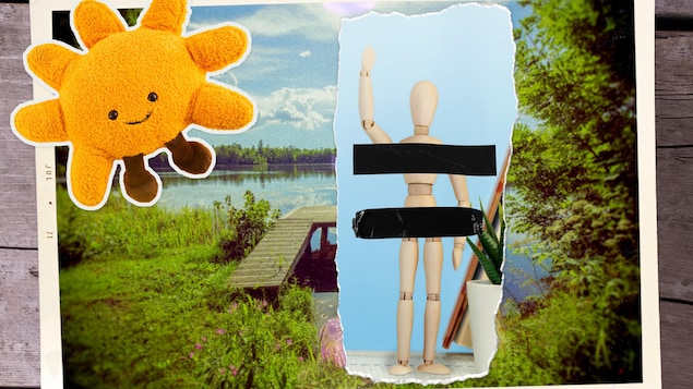 Un soleil et un pantin aux seins et au sexe censurés.