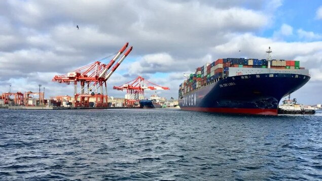 Un navire porte-conteneur accoste au port d'Halifax.