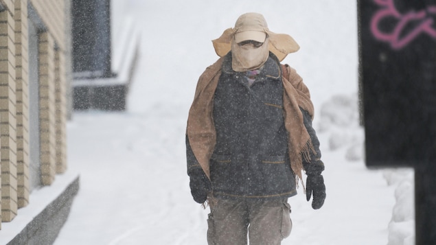 Une personne chaudement vêtue marche sur un trottoir alors que la neige tombe.