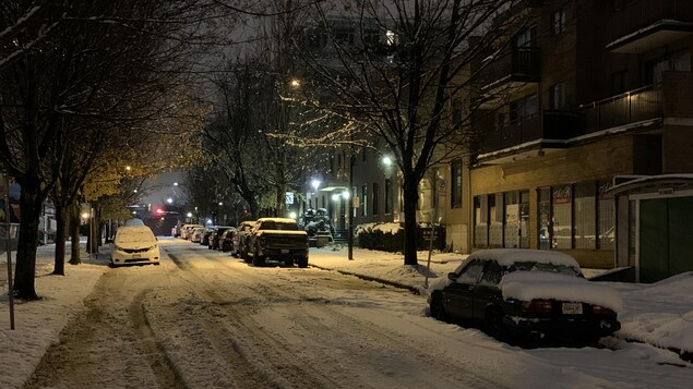 Des voitures sont stationnées le long d'une rue résidentielle. La rue et les voitures sont recouvertes de plusieurs centimètres de neige.