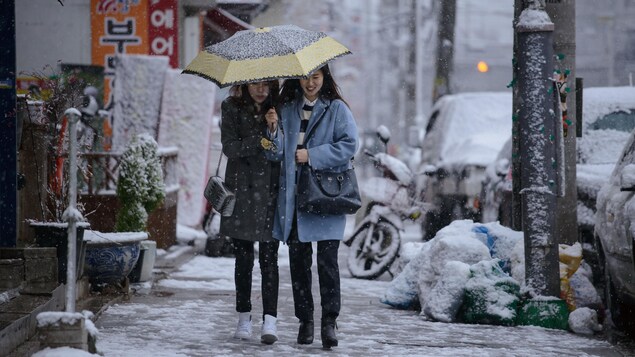 Deux femmes marchent sur le trottoir sous un même parapluie pour se protéger de la neige qui tombe sur Séoul, en Corée du Sud. Deux femmes marchent sur le trottoir sous un même parapluie pour se protéger de la neige qui tombe sur Séoul, en Corée du Sud.
