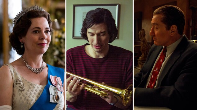 Dans l'ordre, des images de la série The Crown et des films Marriage Story et The Irishman.