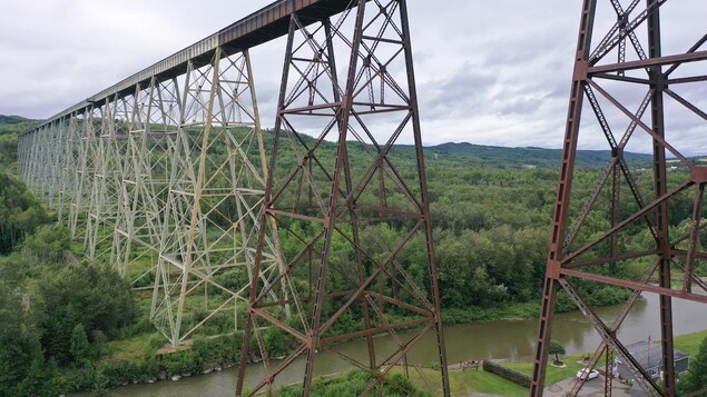 Le pont soutenu par une structure en acier enjambe une vallée.