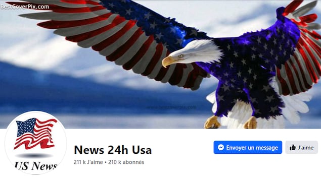 Capture d'écran d'une page Facebook nommée «News 24h Usa». La photo de profil est un drapeau américain et la photo de bannière est un aigle aux couleurs de ce drapeau.