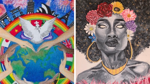 Montage de deux œuvres NFT. Une représente des mains de différentes personnes autour d'un globe terrestre avec une colombe en haut. L'autre œuvre représente le visage d'une femme noire qui porte des bijoux et une couronne de fleurs.