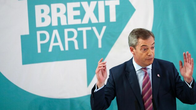 Nigel Farage parle, les deux mains levées.