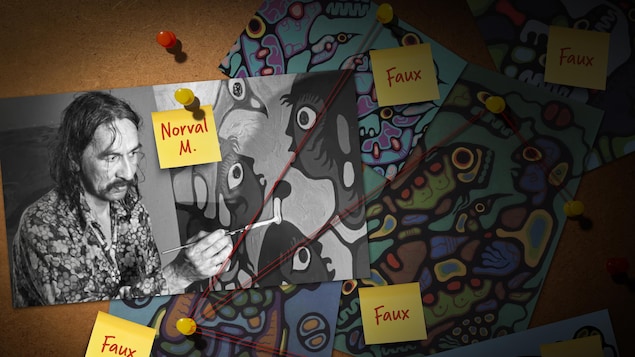 Un photomontage d'une photo de Norval Morrisseau et de faux tableaux qui lui ont été attribués.