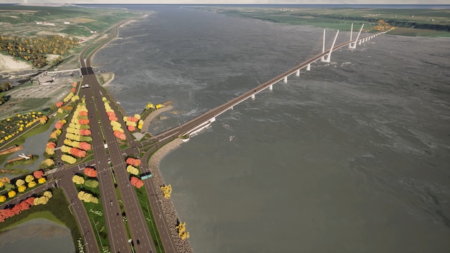 Vue aérienne du futur pont de l'Île d'Orléans.