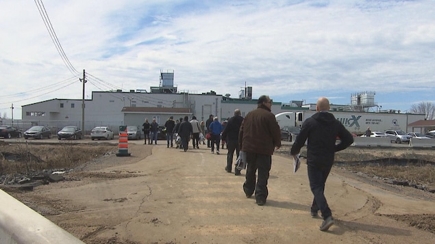 Des employés arrivent à l'usine Olymel à Yamachiche