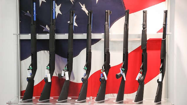 Des armes à feu devant un drapeau américain.