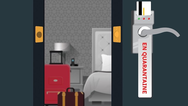Une simulation d'une chambre d'hôtel de quarantaine où sont posées des valises.