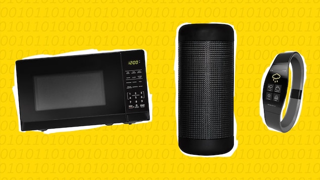 Un micro-onds, une enceinte et un bracelet connecté.