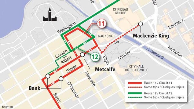 Un carte montrant des modifications aux trajets des autobus 11 et 12 dans le centre-ville d'Ottawa. La ligne 12 ira juqu'au coin des rues Metcalfe et Queen, mais quelques-uns de ses trajets arrêteront à la rue Bank. Pour la ligne 11, elle passera aussi sur les rues Metcalfe et Elgin. Quelques itinéraires se poursuivront jusqu'au centre Rideau via le pont Mackenzie-King. Un carte montrant des modifications aux trajets des autobus 11 et 12 dans le centre-ville d'Ottawa. La ligne 12 ira juqu'au coin des rues Metcalfe et Queen, mais quelques-uns de ses trajets arrêteront à la rue Bank. Pour la ligne 11, elle passera aussi sur les rues Metcalfe et Elgin. Quelques itinéraires se poursuivront jusqu'au centre Rideau via le pont Mackenzie-King.