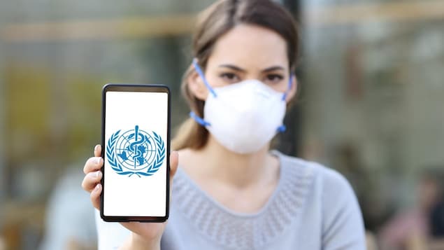Une femme portant un masque montre un téléphone cellulaire sur lequel est affiché le logo de l'OMS.
