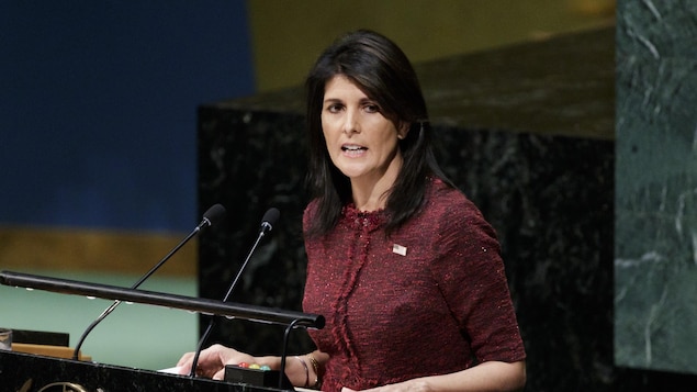 L'ambassadrice américaine à l'ONU, Nikki Haley, livre son allocution devant l'Assemblée générale de l'ONU.