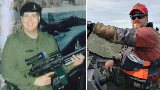 Deux images montrant la même personne vêtue différemment. Sur l'image de gauche, il tient une arme à la main et sur celle de droite il est dans un engin.