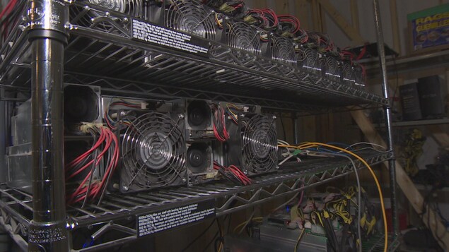 Les ordinateurs spécialisés dans le minage de bitcoins sur une étagère.