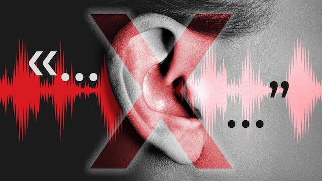 Montage photo où on voit une oreille avec un gros X et des formes d'ondes.