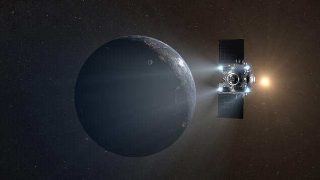 OSIRIS-REx s'éloigne de la Terre après avoir largué sa capsule de retour de l'échantillon. (Illustration artistique)